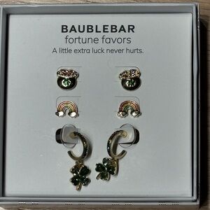 NIB BaubleBar Irish charm set of 3 Earrings: Rainbow, pot of gold, & Clover